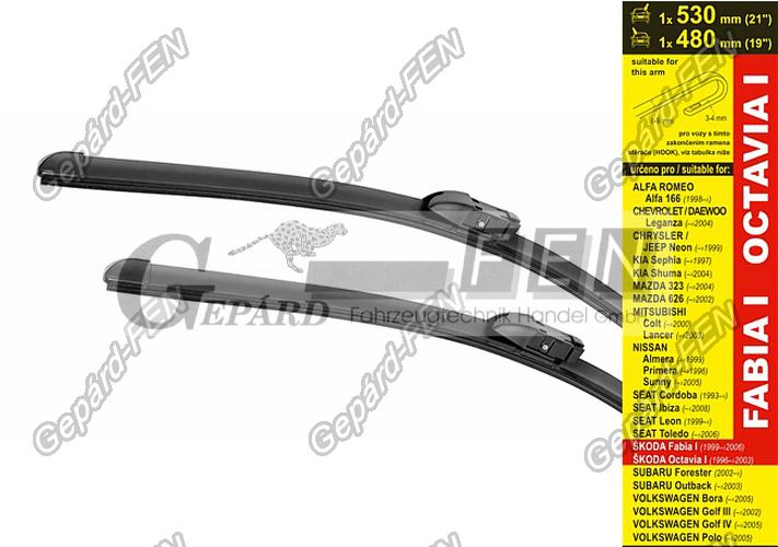 Ablaktörlõ szett AERO 530+480mm Normál kampós (Fabia, Octavia, Cordoba, Leon, Ibiza, Toledo, Bora, Golf, Polo, 323, 626)