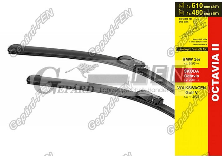Ablaktörlõ szett AERO 610+480mm Gyári adapteres (Octavia II, Golf V, BMW 3)
