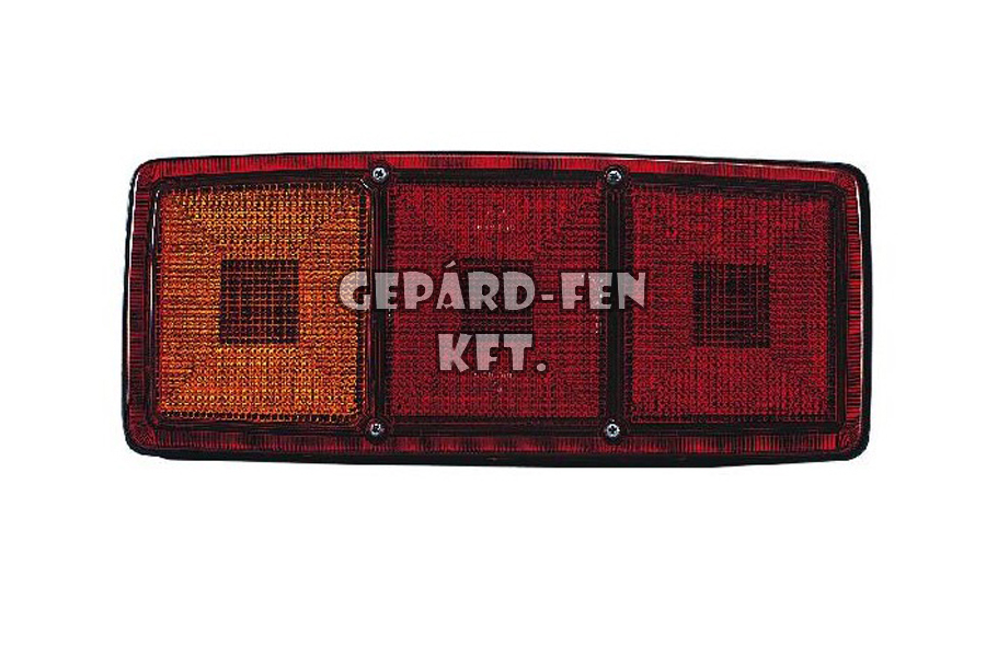 Hátsólámpa Mercedes 3 kamrás trapéz búrás BAL oldal +rendszám (Piros-Piros-Sárga) 343x145mm, vast.: 67mm, csavartáv.: 151mm (0029LLSK60)