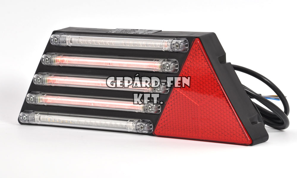 !!!AKCIÓ!!! a készlet erejéig - Pótkocsi Hátsólámpa 12V 5 csík LED-es, 5funkciós (Hj.+fék+index+köd+tolató) +háromszögprizma BAL oldal 415x145mm, vast.: 53mm, csavartáv.: 150mm (332o/II-W69L)