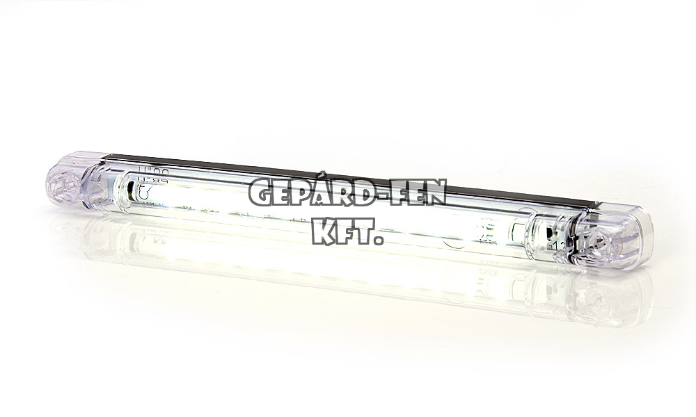 W89,-es tipuscsalád.704. Hosszú csík alaku NAPPLI MENETFÉNY lámpa. 12,24V,-os kivitel.12Led, 6,7W-695 Lumen teljesítmény.Méretei: 237x20,5x22mm. Furattáv:212mm.ECE R87,-es minõsítés. Vízállóság: IP66/68. 2,5m bekötési vezetékkel.