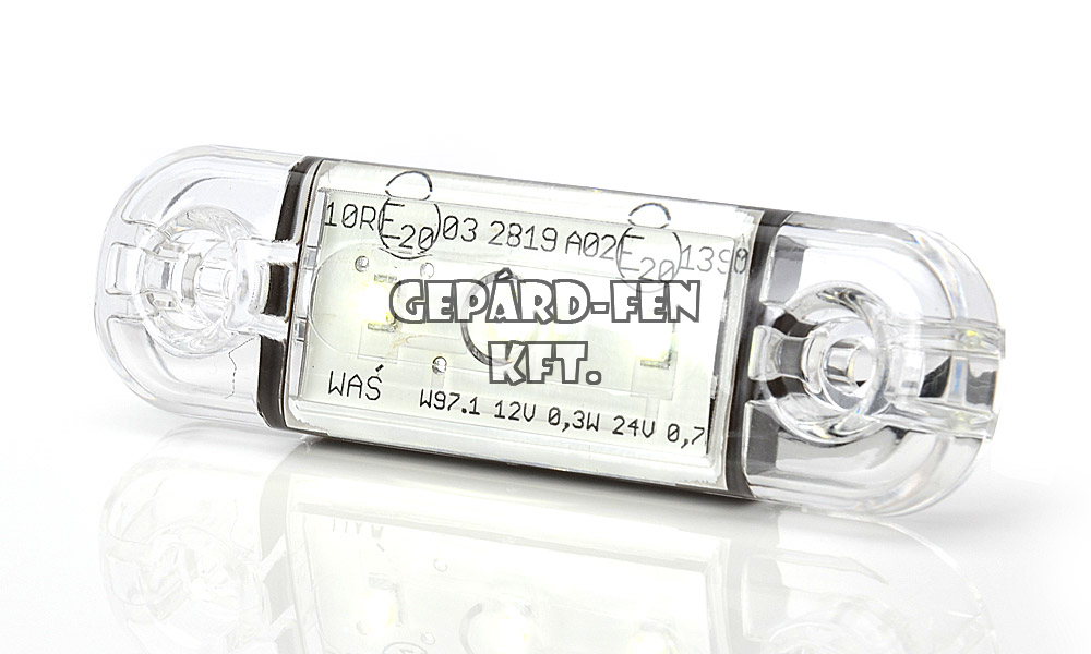 W97.1 tipuscsalád.710.Rõvid, lekerekített FEHÉR, lapos elsõ helyzetjelzõ lámpa-gumi alaplappal.12,24V,-os kivitel.3 Led.23,9 Lumen.Méretei:83,8x24,2x10,4mm.Furattáv:61mm.Vízállóság:IP66/68.23 cm bekötési vezetékkel.