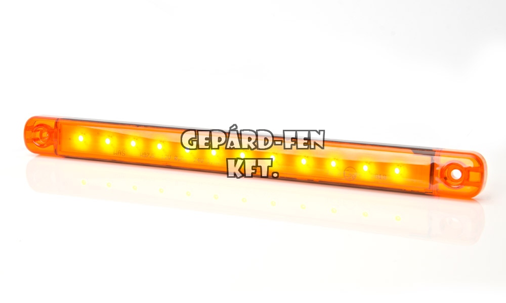 W97.5 tipuscsalád.720. Vékony és keskeny 12 LED,-es sárga szélességjelzõ lámpa.12-24V,-os kivitel.Hosszú, csík alaku, LAPOS kivitel.Méretei: 238x21mm. Vastagság:11mm Furattáv: 212mm. Vízáll: IP66/68. Hasonlóak: WAS287,288!!