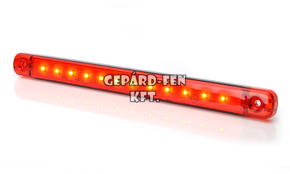 W97.5 tipuscsalád.720. Vékony és keskeny 12LED,-es piros hátsó helyzetjelzõ lámpa.12-24V,-os kivitel.Hosszú, csík alaku LAPOS kivitel.Méretei: 238x21mm. Vast: 11mm. Furattáv: 212mm. Vízáll:IP66/68.