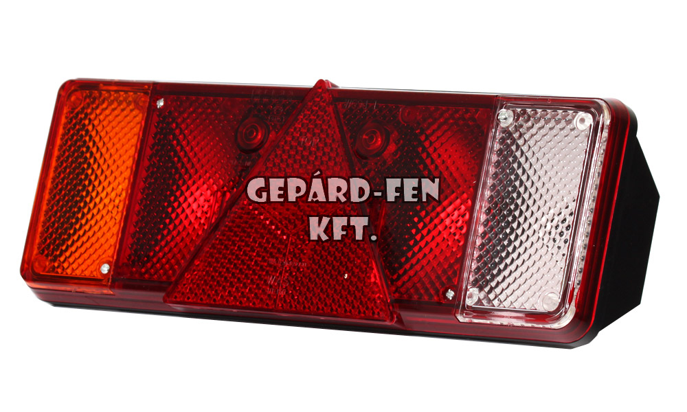 W09d tipuscsalád.110. 12V,-os 5 kamrás izzós hátsó lámpa,2db LED,-es helyzetjelzõvel, háromszög alaku prizmával kombinálva.BAL oldal, rendszám megvil. lehetõséggel.Méretei: 387x137x81mm.Vízáll:IP56.Csak búra: WAS0307.