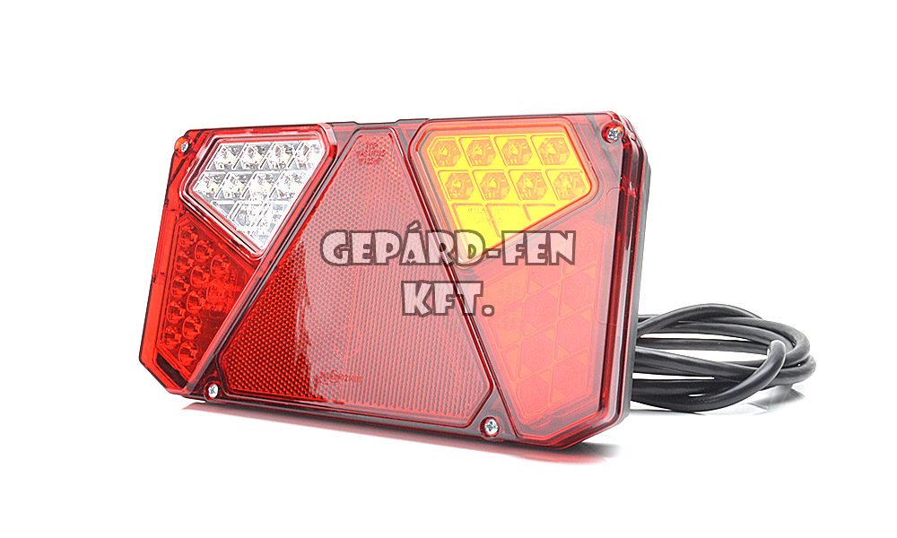 W125,-ös tipuscsalád.916.Teljesen LED,-es 5 funkciós (H.jelzõ,fék,irányj,tolató,köd) utánfutó,ill.pótkocsi hátsó lámpa háromszög prizmával.JOBB oldal.12-24V,-os kivitel.Méretei: 242x134mm, vast.:37(59)mm csavartáv:150mm.2m vezetékkel.Vízáll:IP56/68.