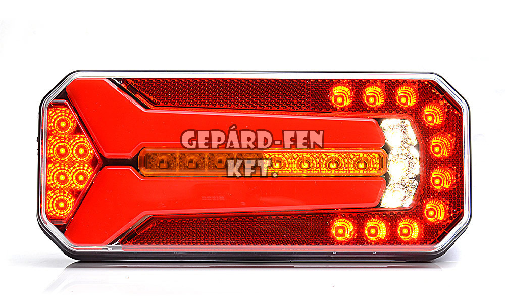 W150DD tipuscsalád.1144L/P.Univerzális, LED,-es (részben NEON) hátsólámpa.JOBB-BAL! 12-24V-os kivitel.6 funkció. (hj.+fék+FUTÓINDEX+köd+tolató+rsz)Méretei:236x104mm, vast.: 40/61mm, csartáv.: 150mm.2m bekötési vezetékkel.Vízállóság: IP66/68 .