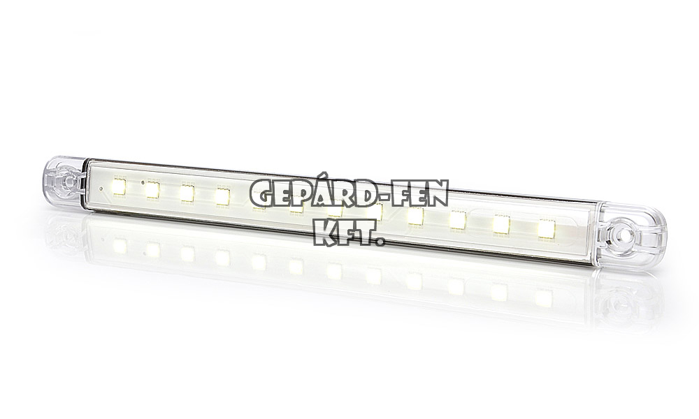 LW10 tipuscsalád.728.12V,-os hosszúkás csík alaku belsõ világítás, LAPOS kivitel, 12 LED-es 3W teljesítmény.Sensoros (érintõs) kapcsolás! Méretei:238x21mm, vast.: 11mm, furattáv.: 212mm.Vízállóság: IP66/68. 40 cm beköt.vezetékkel.