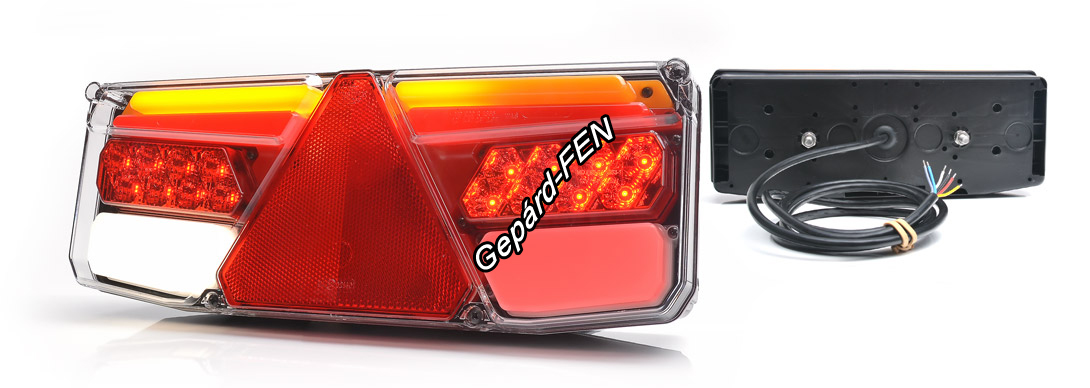 W170 DD tipuscsalád.1187DD.Jobb oldali 12-24V,-os LED,-es(részben NEON) 5 funkciós(helyzetjelzõ,fék, irányjelzõ,tolató, ködfény) hátsó lámpa, háromszög prizmával, 2m vezetékkel.Méretei: 350x131x81mm,Felfogatás:hátul 2db M8,-as csavarral.Vízáll:IP68.