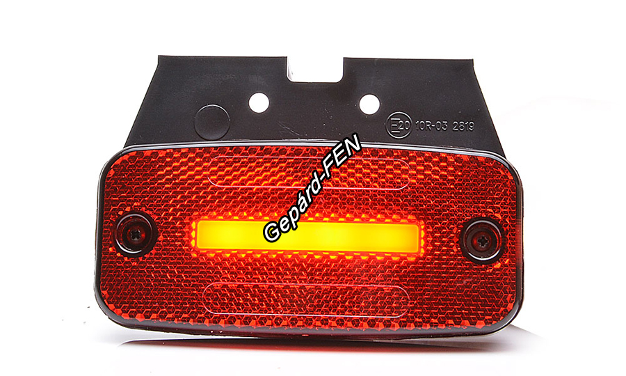 W157,-es lámpacsalád.1135. Hátsó (piros) helyzetjelzõ lámpa,középen 1db NEON Led,-es fénycsíkkal,prizmával, felfogatási adapterrel.12-24V,-os kivitel. Vízállóság: IP6K9K. Méretei:114,5X54X22mm. 25 cm kábellal.