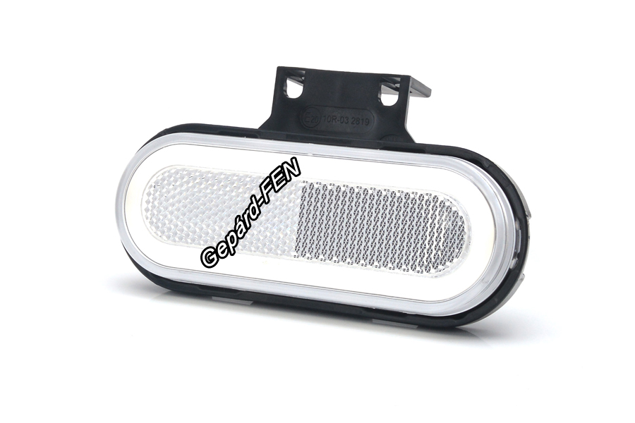 W198,-as tipuscsalád.1401. Elsõ (fehér) ovális alaku NEON Led,-es helyzetjelzõ lámpa, prizmával,felfogatási adapterrel.12-24V,-os kivitel.Vízállóság:IP6K9K. Méretei: 124X68X42mm. 25 cm vezetékkel.