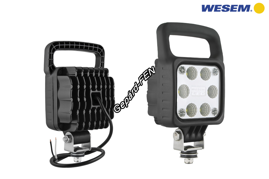 LED2F.47610. Kocka munkalámpa, Felsõ kézi markolattal. 6LED terítõ (50") 12-24V-2000 Lumen teljesítmény. IP67-69k. 0,5m kábbel, magasított tartó. Ennek a lámpának a felsõ markolat nélküli kivitele a:WES0406, a kissebb teljesítményû kivitele a: WES297
